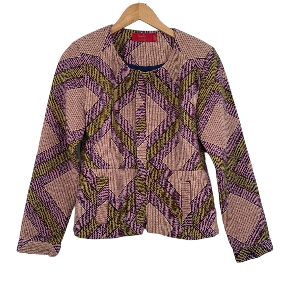 Tigerlily Jacketโ Womens 8 Pink Yellow Boho Quilted Zip Up Long Sleeve Geometric